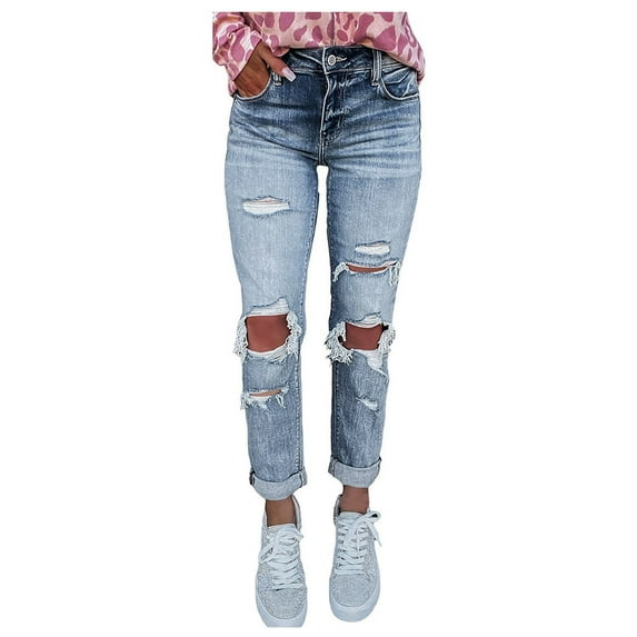 MuZeFu Jeans for Women Ripped Women Fashion Solid Pokets Slim-Fit Skinny Ripped Jeans Casual Pants