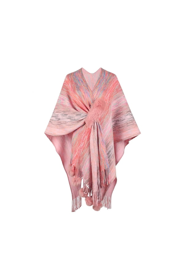 Knit Wrap in Womens Women's Fashion Winter Contrasting Hairball Stripe Tassel Cloak Shawl Tops