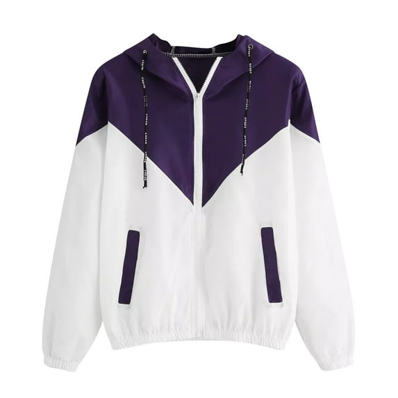 MuZeFu Light Jackets for Women Hooded Fashion Women Long-sleeved Pocket Color-block Elastic Waist Hooded Jacket