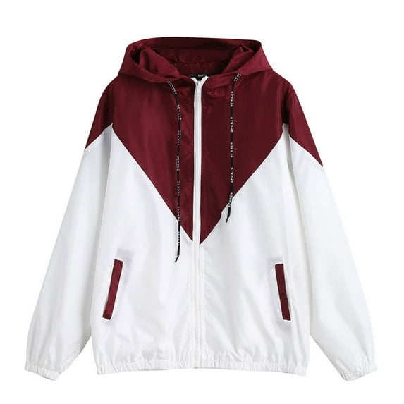 MuZeFu Light Jackets for Women Hooded Fashion Women Long-sleeved Pocket Color-block Elastic Waist Hooded Jacket
