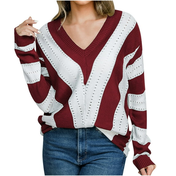 MuZeFu Long Sleeve Knitted Sweater for Women Casual Stripe Turtleneck Sweaters Women‘s Winter Casual Striped Color Blocking V-Neck Long Sleeve Pullover Knitted Sweater Top Blouse Sweater
