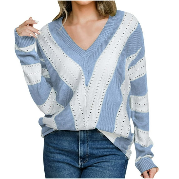 MuZeFu Long Sleeve Knitted Sweater for Women Casual Stripe Turtleneck Sweaters Women‘s Winter Casual Striped Color Blocking V-Neck Long Sleeve Pullover Knitted Sweater Top Blouse Sweater