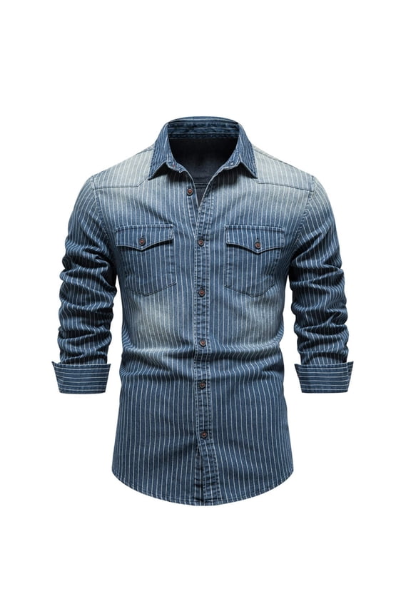 Long Sleeve Shirts for Men Cotton mens Striped Fashion Casual Wash Old Denim Long Sleeve Lapel Top/shirt