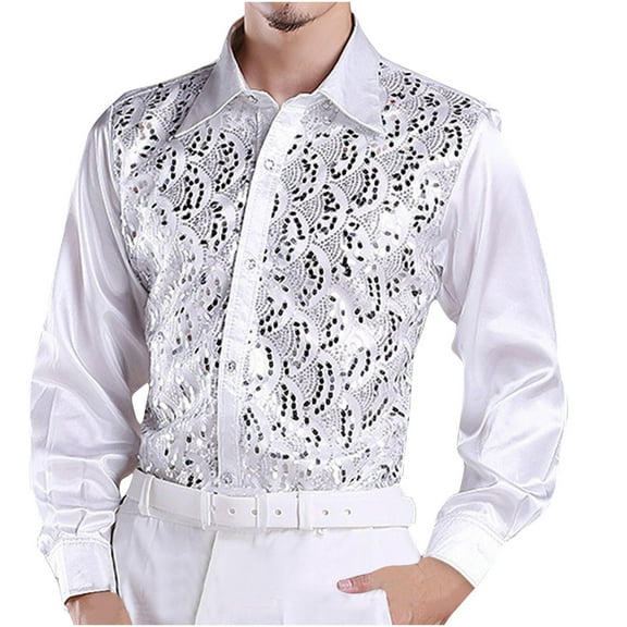 MuZeFu Long Sleeve Shirts for Men White mens Solid Color Sequin Performance Dress Long Sleeved Lapel Shirt