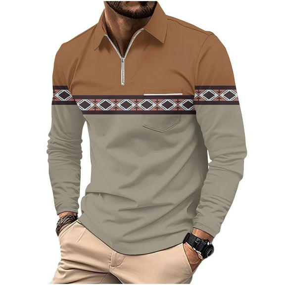 MuZeFu Long Sleeve Shirts for Men mens Casual Printed Zipper T-shirt Shirt Long Sleeved Lapel Top