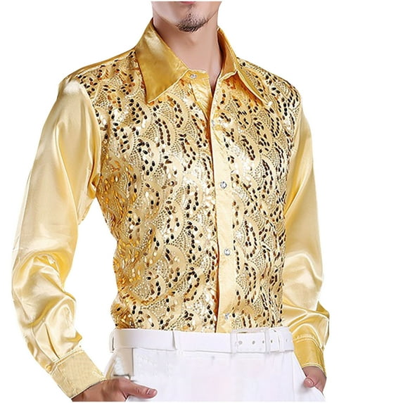 MuZeFu Long Sleeve Shirts for Men mens Solid Color Sequin Performance Dress Long Sleeved Lapel Shirt