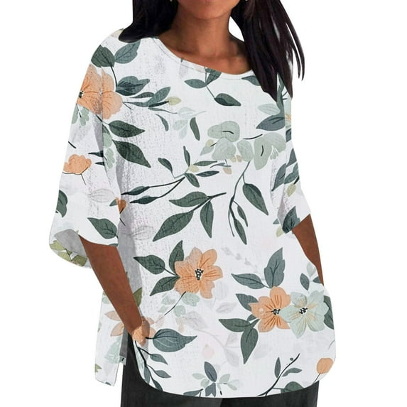 MuZeFu Long Sleeve Shirts for Women Women's Ladies Fashion Casual Cropped 3/4 Sleeve Printing Cotton Loose Shirt Blouse Top