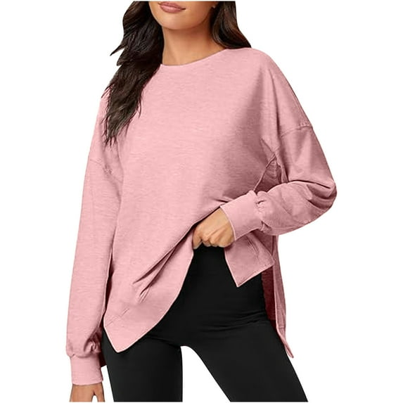 MuZeFu Long Sleeve Shirts for Women Women's Loose Casual Solid Color Patchwork Side Slit Round Neck Long Sleeved Top