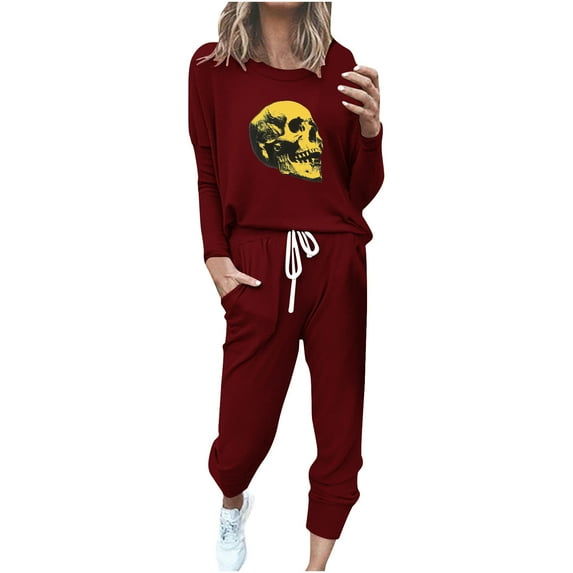 MuZeFu Lounge Sets for Women 2 Piece Pants 2 Piece Sets for Women Casual Active Lounge Pants Women Long Women's Classic Print Long Sleeve Sport Pullover Tops + Pants Set
