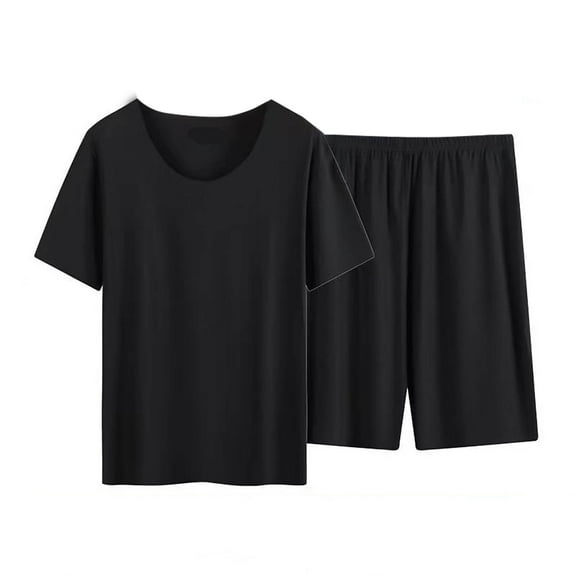 MuZeFu Men'S Short Sleeve Pajamas 2 Pieces Fashion Men Solid Color Round Neck Short Sleeve Elastic Waist Shorts Pajama Set