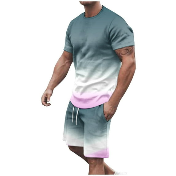 MuZeFu Men Sets 2 Piece Outfits Mens Shorts Mens Shirts Short Sleeve Men Casual Round Neck Printing Short Sleeve Blouse And Shorts Pants Suit