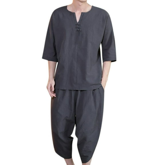 MuZeFu Men Sets 2 Piece Outfits Mens Shorts Mens Shirts Short Sleeve Men's Summer Fashion Casual Comfortable Cotton-Hemp Short Sleeve Shorts Suit