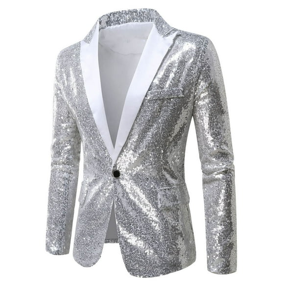 MuZeFu Men Shiny Sequin Blazers Long Sleeve Party Glitter Suit Jacket Outerwear Men Color Matching Sequin Suit One Button Dress Performance Suit Long Sleeved Lapel Collar Suit Jacket Coat Blazer