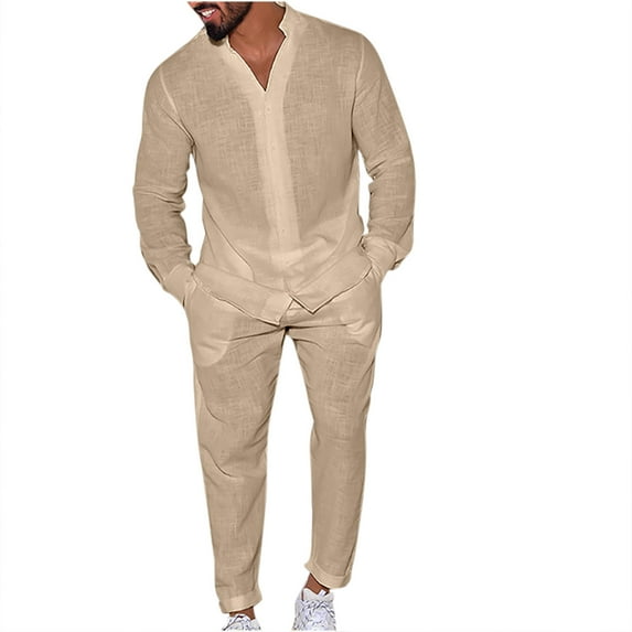 MuZeFu Mens Sets Outfits 2 Piece Long Sleeve Shirts for Men Long Pants for Men Comfortable Man Solid Color Pattern V-neck Long Sleeve Trousers Set