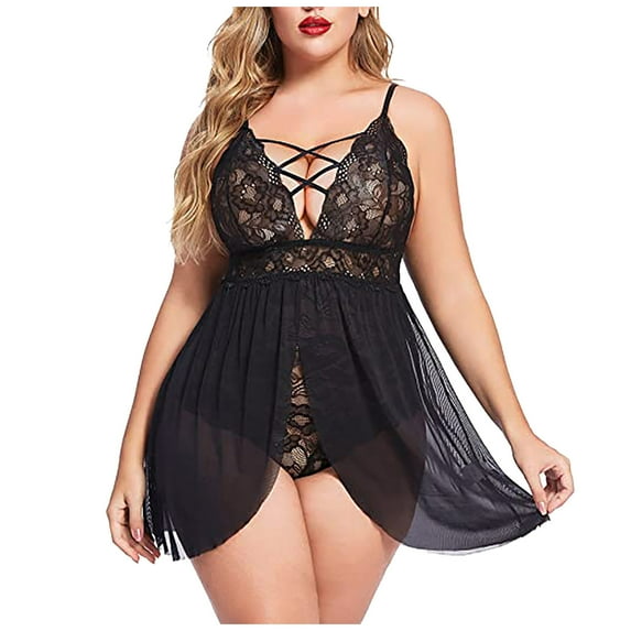 MuZeFu Nightgowns for Women Plus Size Sleeveless Sexy Women Lingerie Lace Mesh Hollow Out Chemise Nightgown Temptation Underwear Nightdress Sleepwear