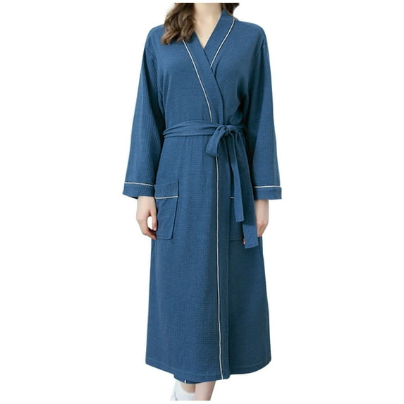 MuZeFu Nightgowns for Women Soft Cotton Womens Solid Bandage Robe Bathrobe Gown Pajamas Long Sleepwear Pocket Waistband+Belts