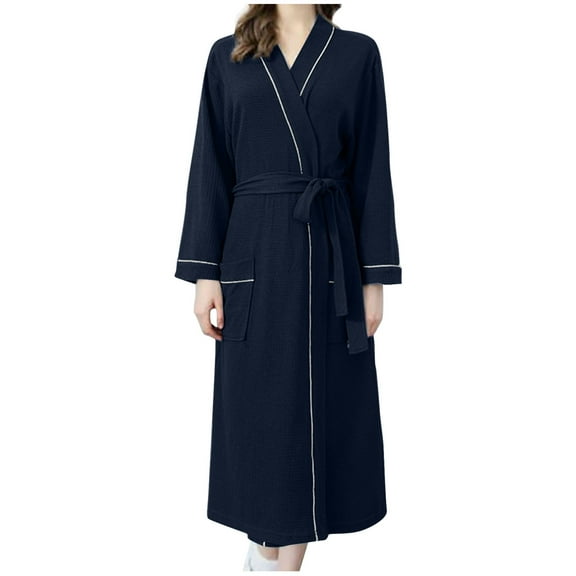 MuZeFu Nightgowns for Women Soft Cotton Womens Solid Bandage Robe Bathrobe Gown Pajamas Long Sleepwear Pocket Waistband+Belts