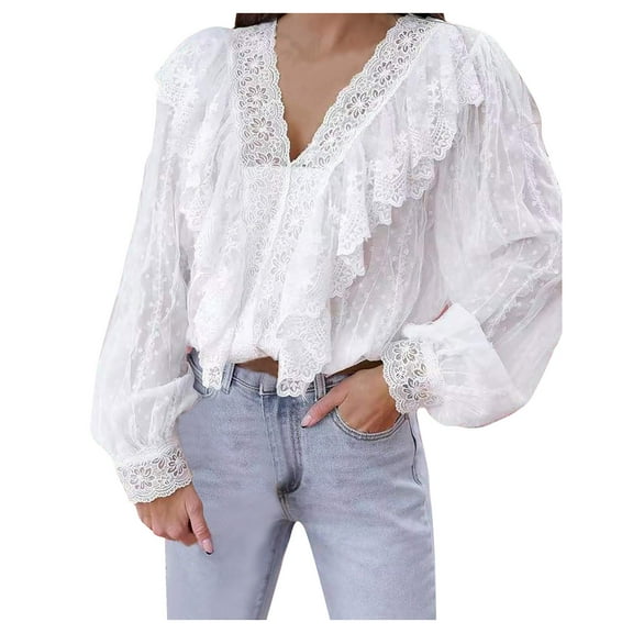 MuZeFu Oktoberfest Shirts for Women Fashion Women Solid Lace Long Sleeve Lace Patchword V-Neck Split Joint Blouse