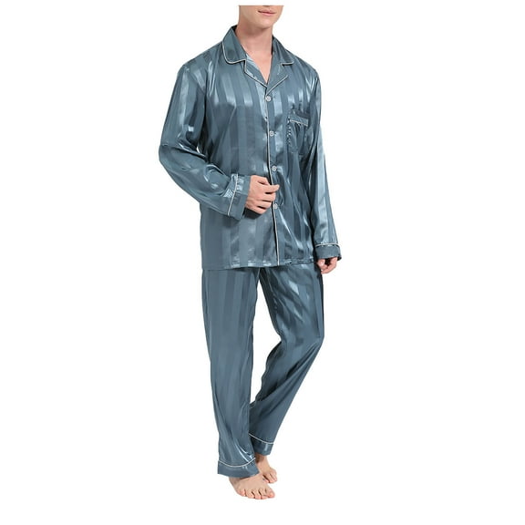MuZeFu Pajama Set for Men 2 Piece Men Solid Casual Striped Long Sleeve Pajama Trousers With Pockets Button Closure Pajama Set