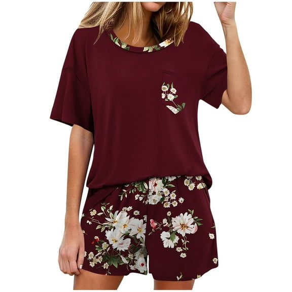 MuZeFu Pajamas for Women under 10 Dollars Women's Fashionable Casual Print Home Short Sleeved Round Neck Pajama Top With Pants Home Set Wine L