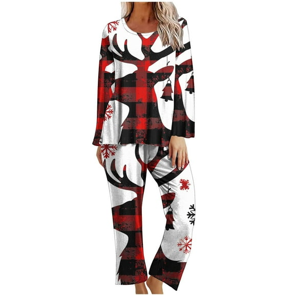 MuZeFu Pajamas for Women Set 2 Piece Long Sleeve Ladies' Christmas Printed Casual Top Pants Pajama Set White XL