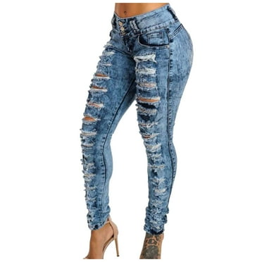 MuZeFu Patched Ripped Jeans for Women Women's Denim With Holes High Waisted Buckle Elastic Narrow Hem Pants