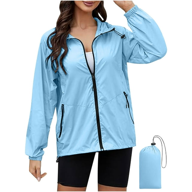 MuZeFu Raincoat for Women Waterproof with Hood Lightweight Blazer Jacket for Running Packable Windbreaker with Drawstring