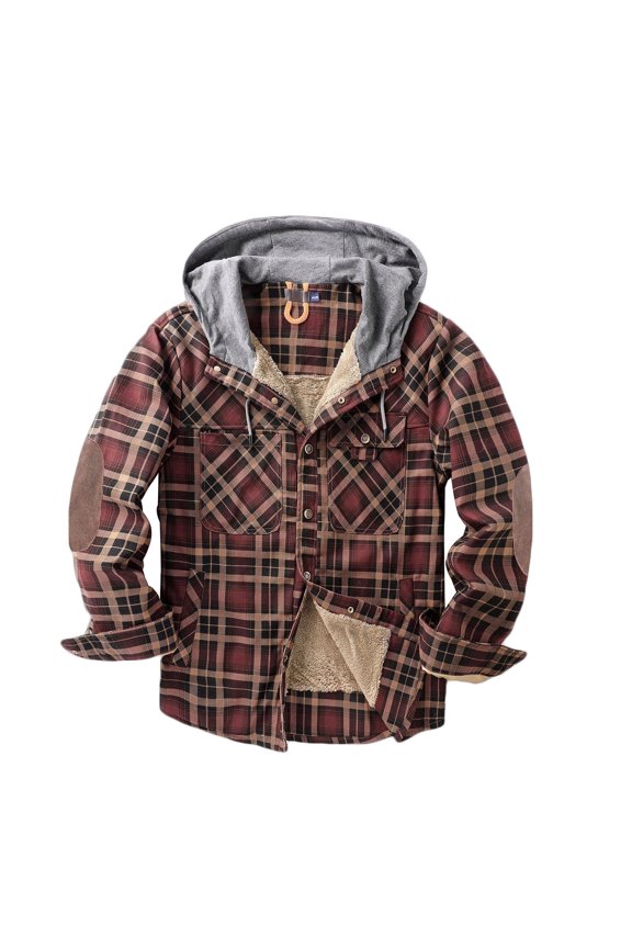 Relax Fit Cotton Light Weight Sports Coats for Men Men's Button Opening And Closing Fleecing Plaid Coat Long Sleeve Hooded Jacket