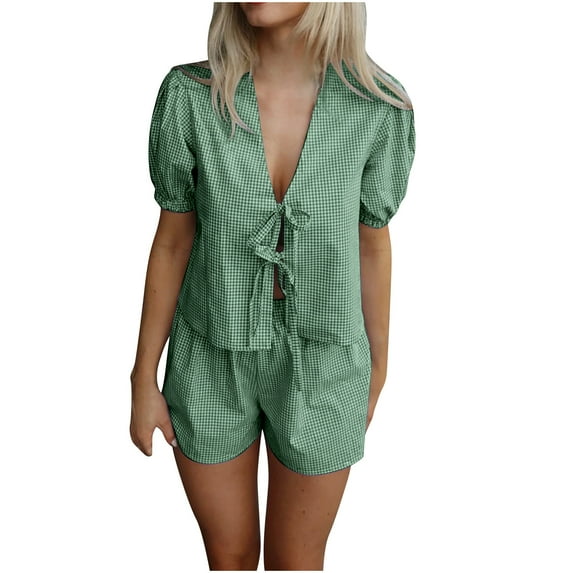 MuZeFu Sets for Women 2 Piece Shorts Two Piece Sets for Women Women Tops Sale Womens Clothes Clearance Women's Summer Fashion Plaid Short Sleeved Lace Up Cardigan Top Plaid Shorts Set