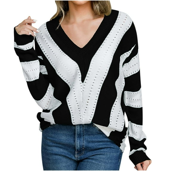 MuZeFu Sweaters for Women Clearance under $10.00 Women‘s Winter Casual Striped Color Blocking V-Neck Long Sleeve Pullover Knitted Sweater Top Blouse Sweater