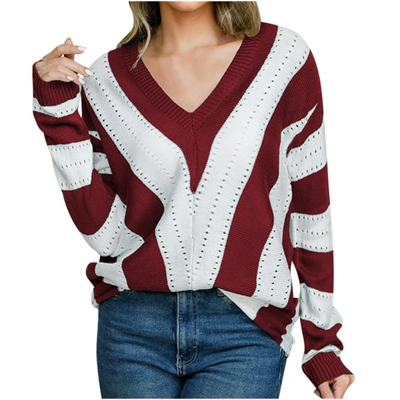 MuZeFu Sweaters for Women Clearance under $10.00 Women‘s Winter Casual Striped Color Blocking V-Neck Long Sleeve Pullover Knitted Sweater Top Blouse Sweater