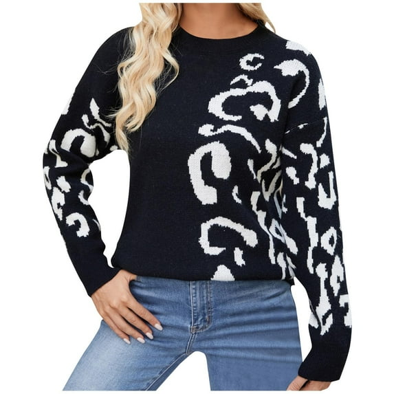 MuZeFu Sweaters for Women Clearance under $10.00 Crewneck Sweaters Women's Casual Printed Long Sleeved Round Neck Sweater Tops