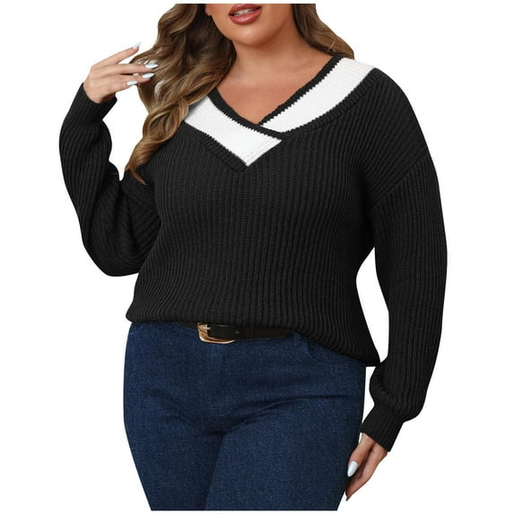 MuZeFu Sweaters for Women Plus Size Women's Casual Round Neck Long Sleeve Sweater Knitted Stripe Loose Blouse Tops