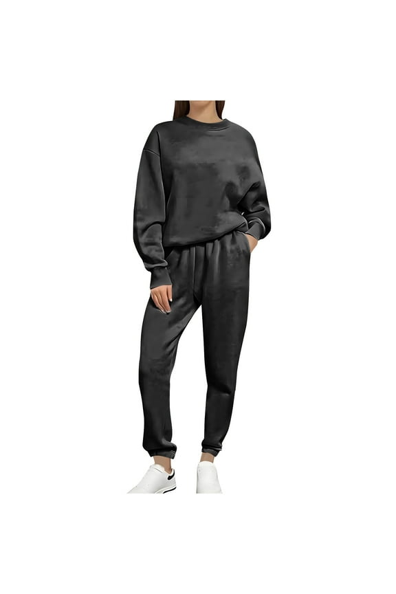 Sweatsuits 2Pcs Sets Womens Sweatsuits Women 2 Piece Outfit Plus Size Women's Fall/winter Plus Thickened Solid Color Casual Fashion Sweatshirt Set Long Sleeve Crew-neck Top/shirt Set