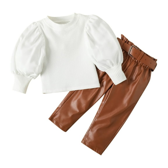 MuZeFu Toddler Boy Clothes 3T Sets Winter 3T Winter 1-6years boy's And Girls' Fashion Bubble Sleeves Solid Color Top Leather Pants Belt Three Piece Set Long Sleeve Round Neck Top/Shirt Set