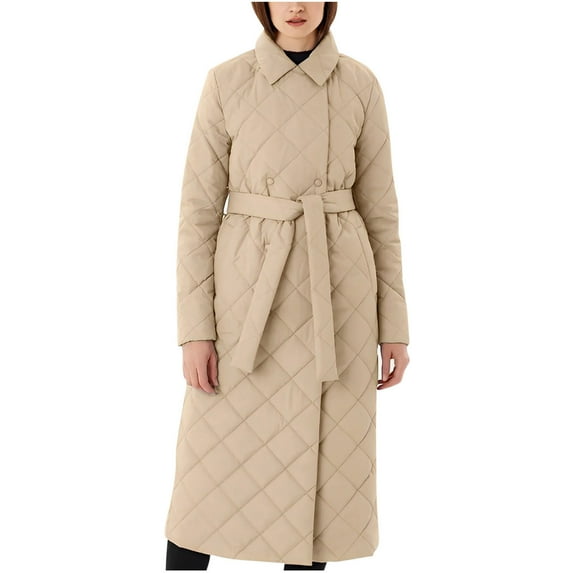 MuZeFu Winter Coats for Women Clearance under $50 Women's Casual Cotton Coat Rhombic V-neck Long Belt Warm Loose Coat