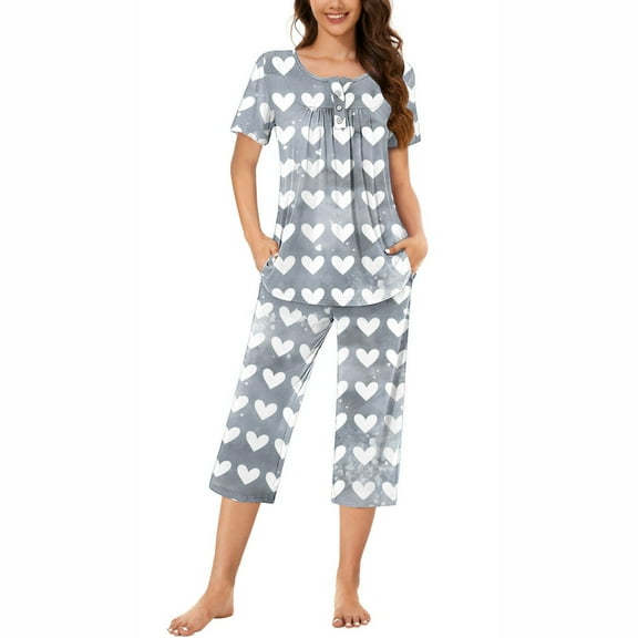 MuZeFu Women'S Pajama Sets Short Sleeve Shirt and Capri Soft Pajama Sets Women's Round Neck Heart Print Short Sleeve Sleepshirt And Pants Sets Loungewear Pajamas With Pockets