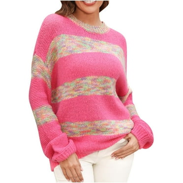 MuZeFu Women Sweaters Long Sleeve Women Sweaters Spring Cold Weatherclearance Women's Casual Fashion Color Contrast Knitted Pullover Long Sleeve Round-Neck Sweater