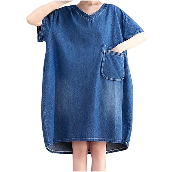 MuZeFu Women's Denim Casual Summer V-Neck Dress Women's Casual Denim Dress Fashion Leisure Retro Loose Strap Dress