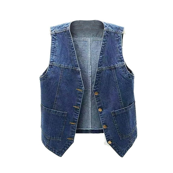 MuZeFu Women's Plus Size Casual Button Sleeveless Denim Vest Women Solid Color Versatile Versatile Casual V-neck Denim Tank Top And Camisole Jacket