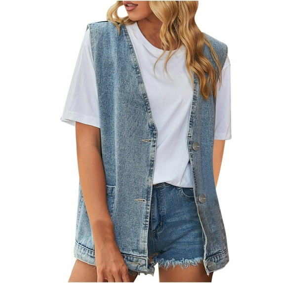MuZeFu Women's Plus Size Casual Button Sleeveless Denim Vest Women's Vest Waistcoat Trend Casual Sleeveless Vest Cardigan