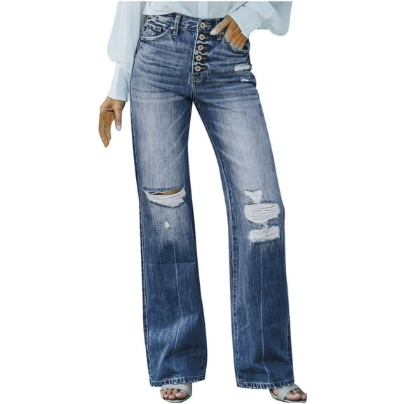 MuZeFu Womens Jeans Straight Leg Crop Women's Solid Color Fashion Casual Puncture Straight Barrel Full Length Pants Jeans