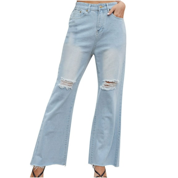 MuZeFu Womens Jeans Straight Leg Long Fashion Women Pockets Button Mid Waist Skinny Jeans Pants