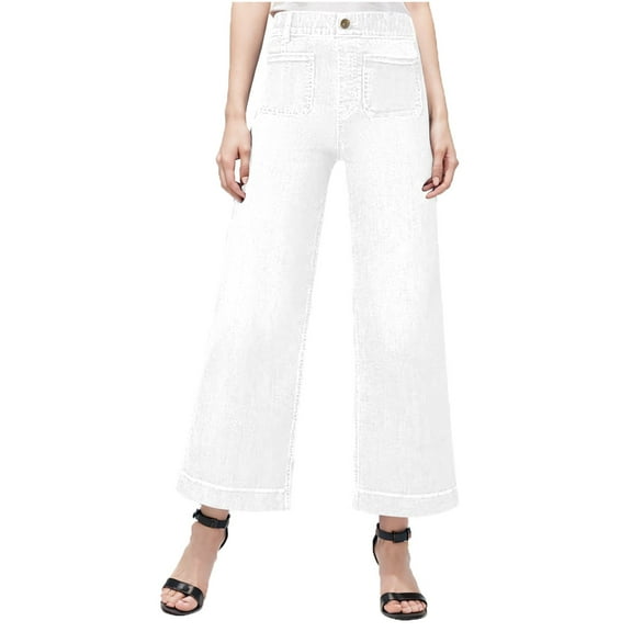 MuZeFu Womens Jeans Straight Leg White Women's Solid Color Casual Pocket Button Denim Pants