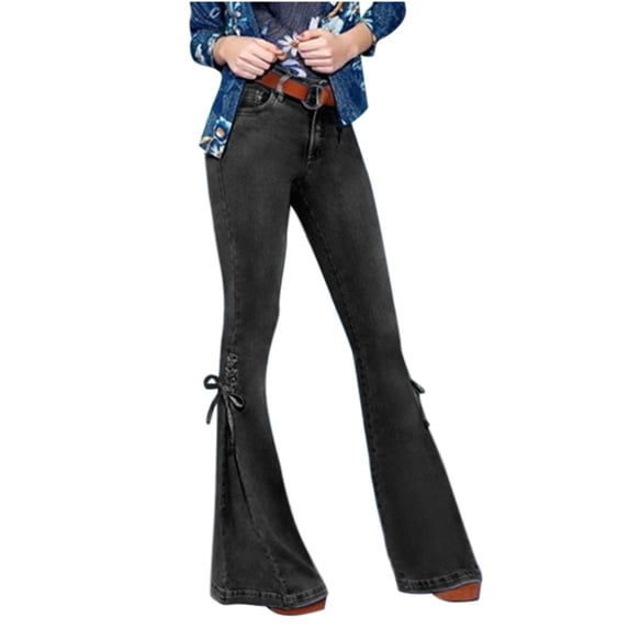 MuZeFu Womens Pants Elastic Waist with Pockets Fashion Women's High Waist Loose Pocket Lace-Up Flared Pants Stretch Cow Jeans Pants