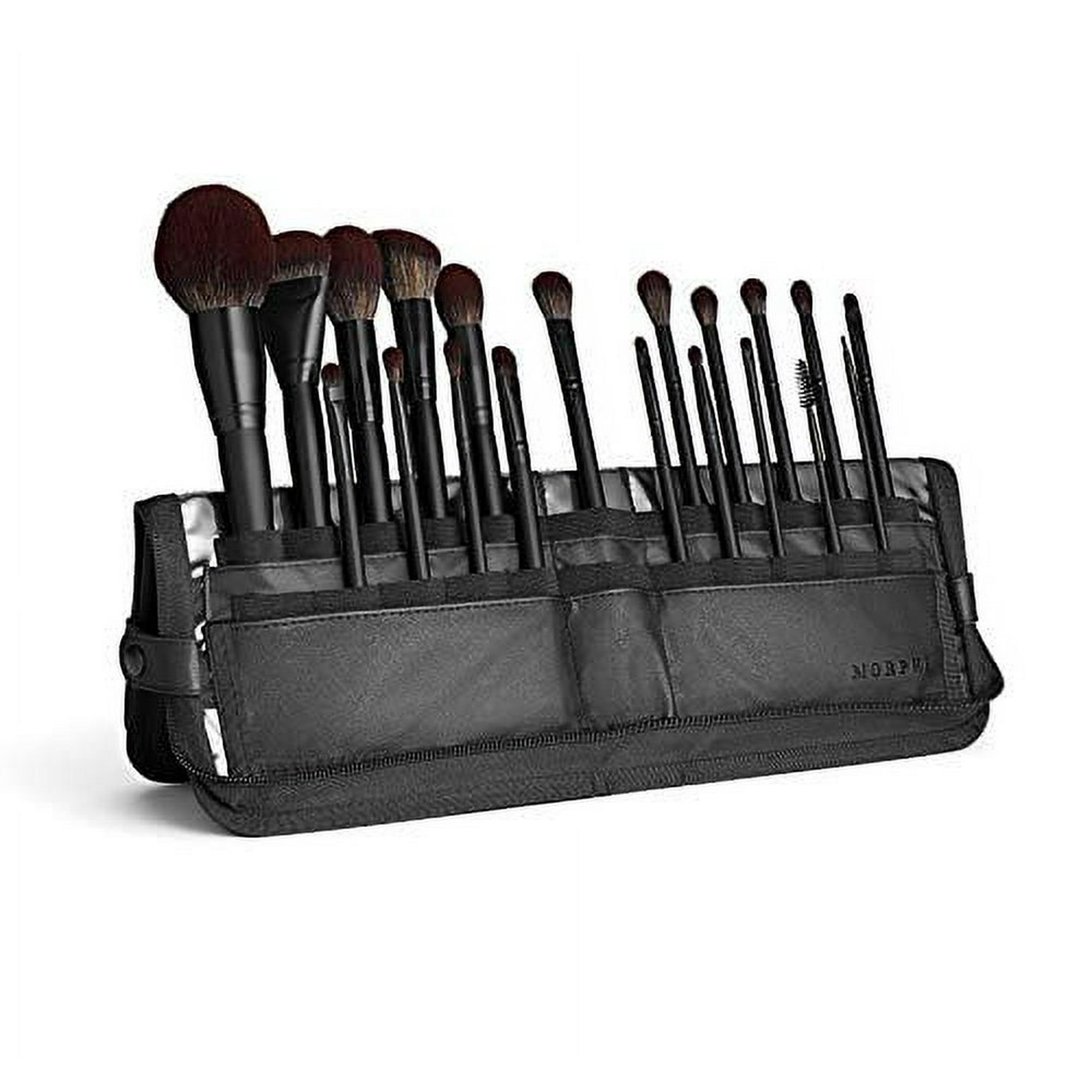 20 black and brown makeup brushes in a black carrier