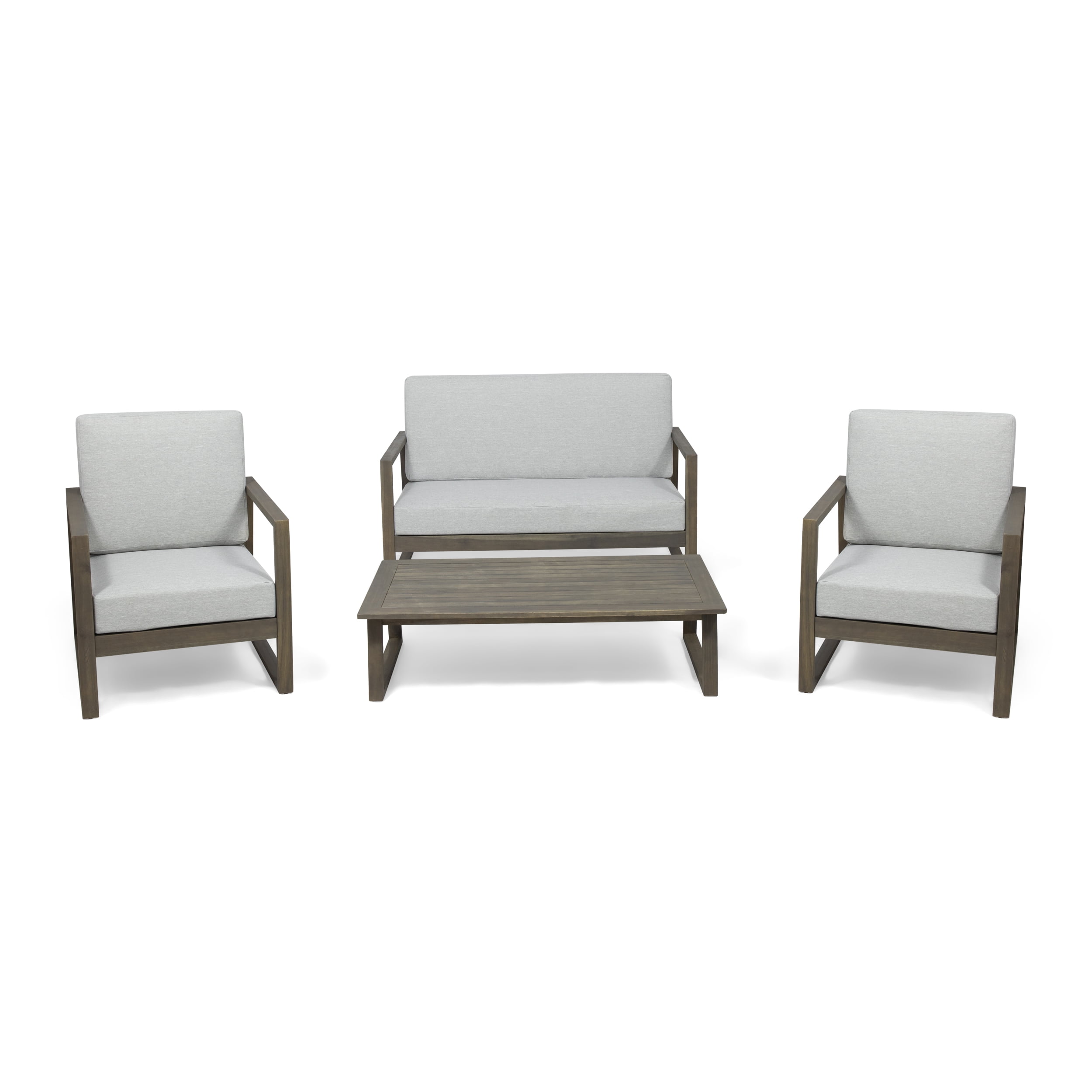 Muad Outdoor Acacia Wood 4 Seater Chat Set with Coffee Table, Gray and Light Gray