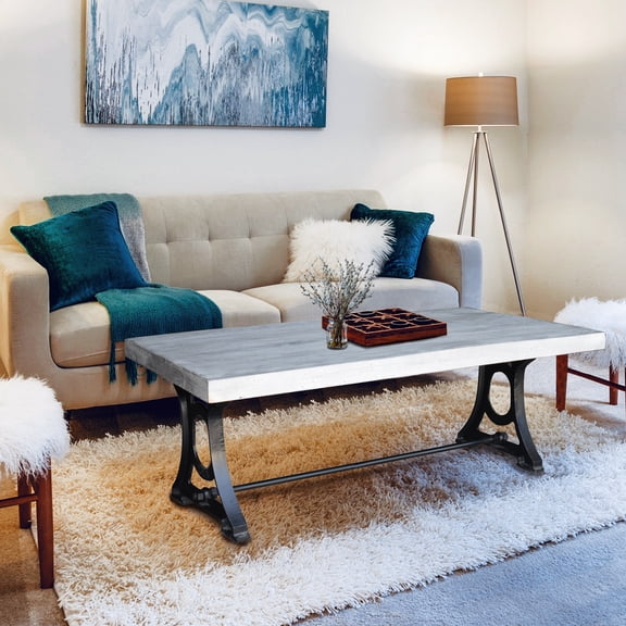 Muan Rustic Grey Wash Recycled Mango Wood Coffee Table with Ironwork Base