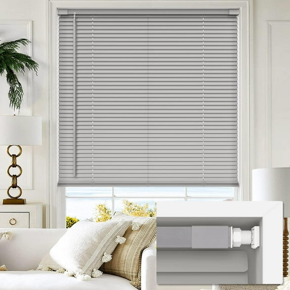 LazBlinds Cordless No Tools-No Drill 1" Vinyl Horizontal Mini Blinds, Light Filtering Blinds for Windows, Blinds & Shades for Window, 45" W x 64" H, Grey