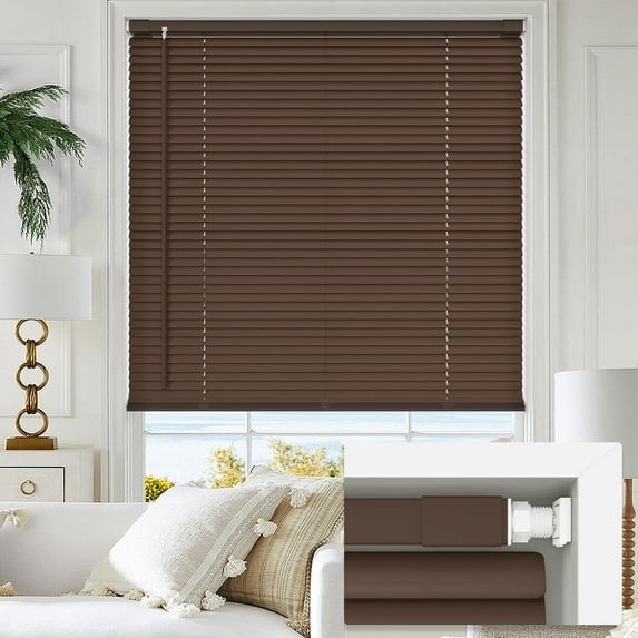 LazBlinds Cordless No Tools-No Drill 1" Vinyl Horizontal Mini Blinds, Light Filtering Blinds for Windows, Blinds & Shades for Window, 46" W x 64" H, Mahogany